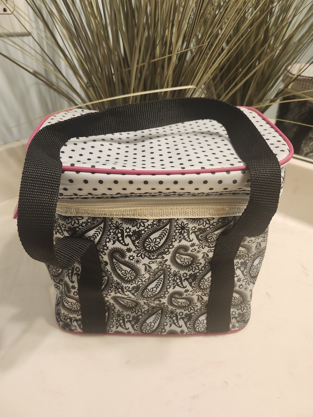 Black & White Paisley Insulated Tote Bag with Pink Trim